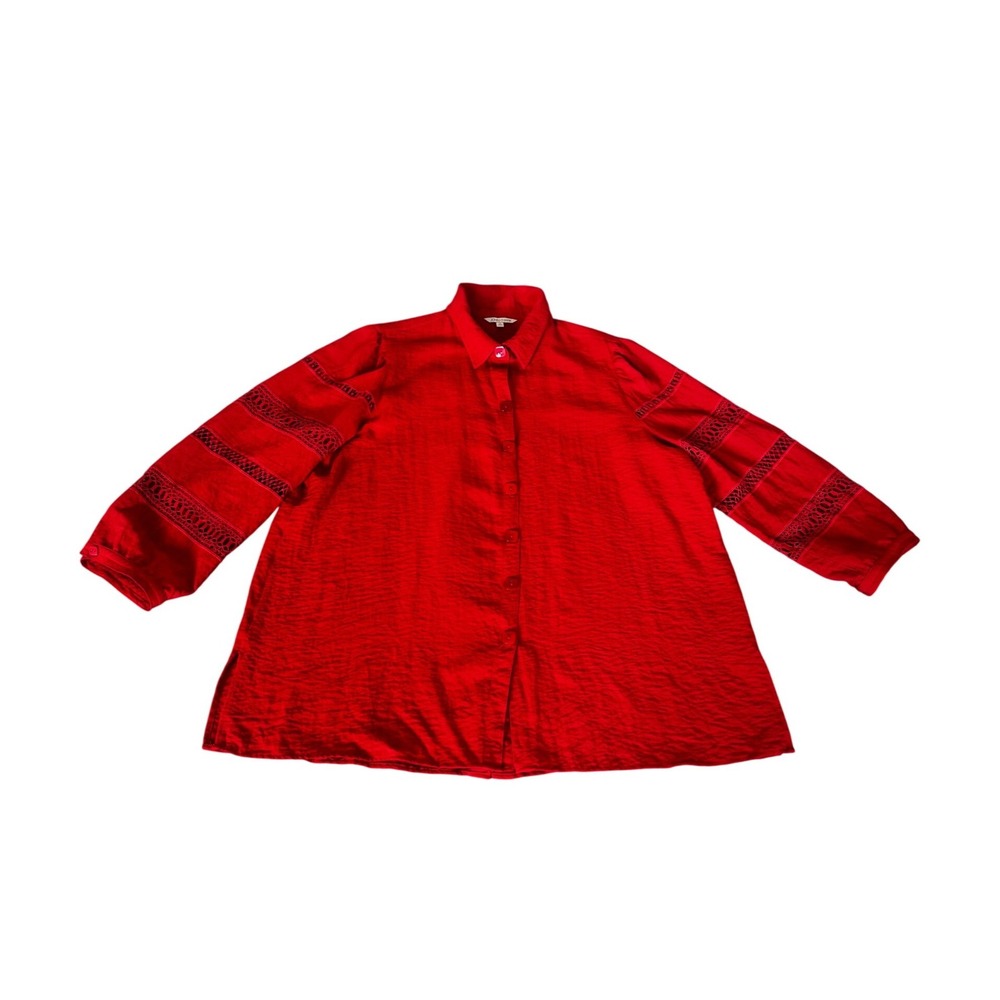 John Mark Red Crochet Lace Sleeve Button Down Tunic Top Womens XL